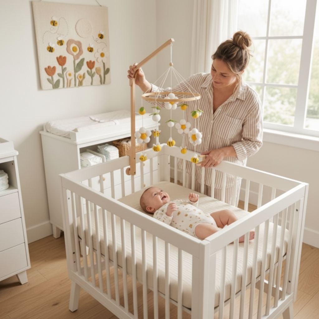 Mobile bébé Abeilledor facile à installer - maman ajuste le mobile en bois et feutre sécuritaire