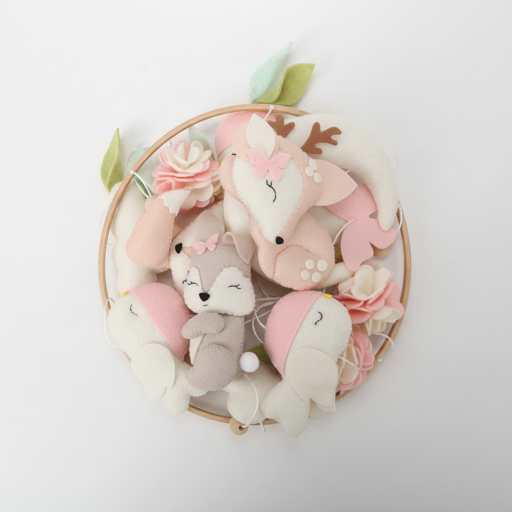 Mobile pour bébé ROSAEL™ cerf rose vue complète, décoration chambre bébé fille