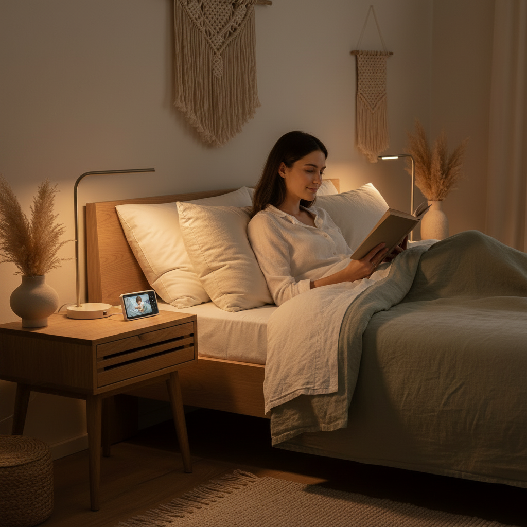 Babyphone permettant Ă une maman de lire tranquillement dans son lit tout en surveillant le sommeil de son enfant.