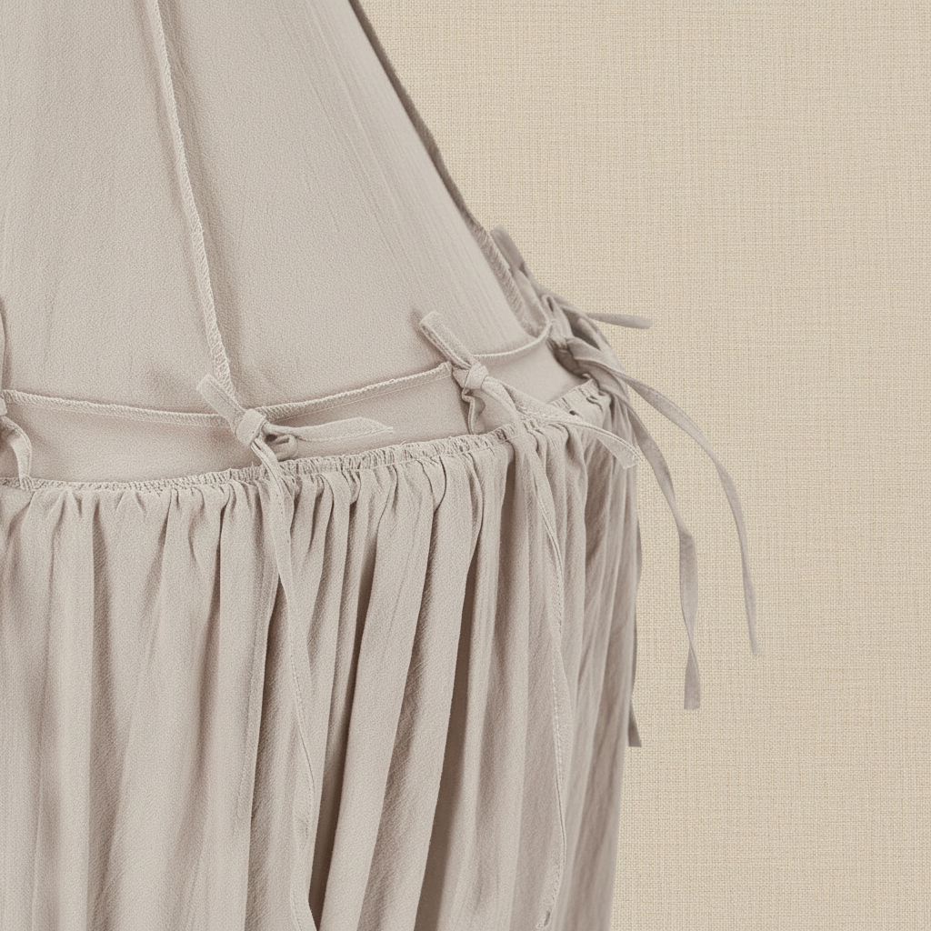 Ciel de lit de couleur beige, gros plan sur les nouettes en tissu et les finitions de suspension.