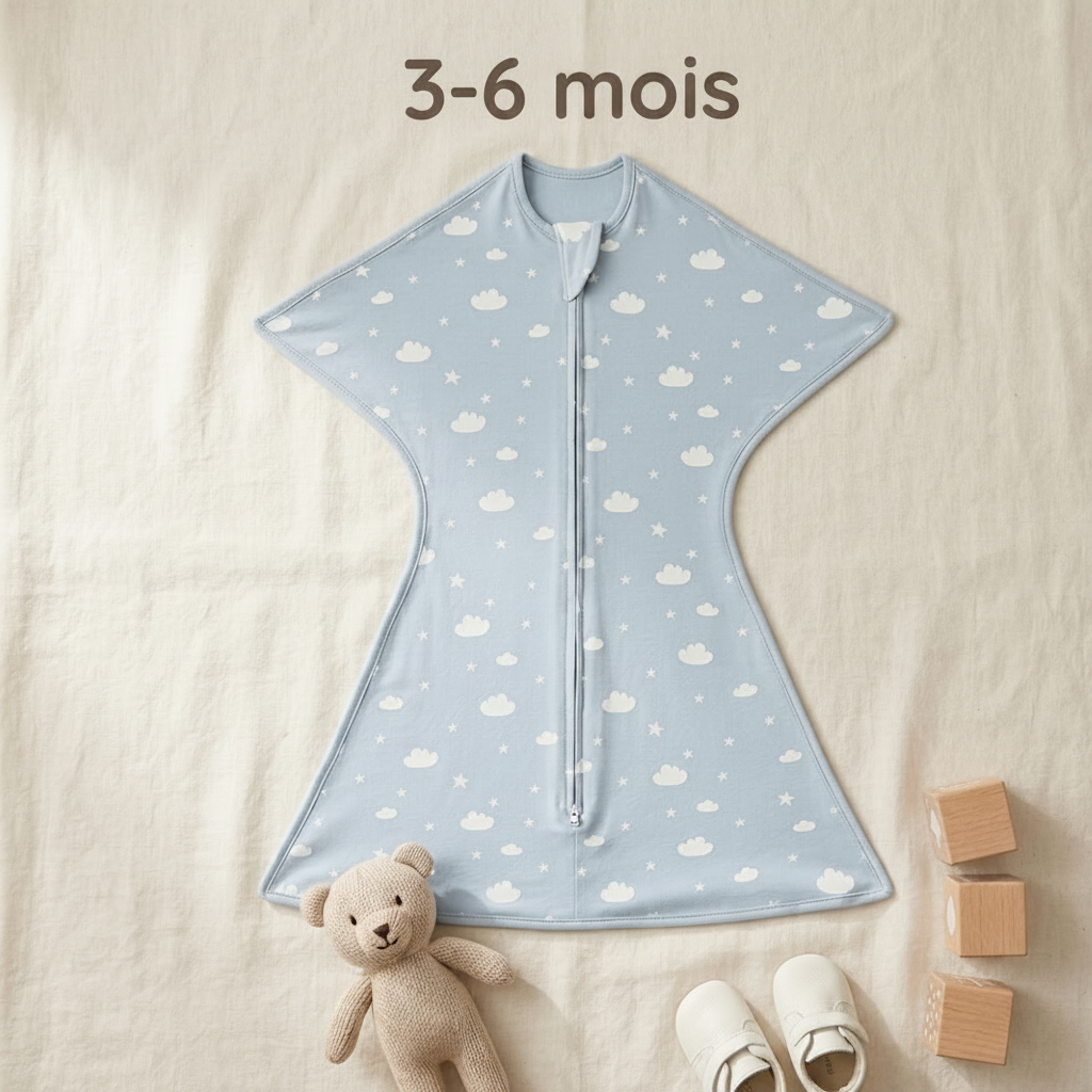 Gigoteuse bébé d'emmaillotage bleue, posée à plat à côté de chaussures, avec l'indication de taille « 3-6 mois ».