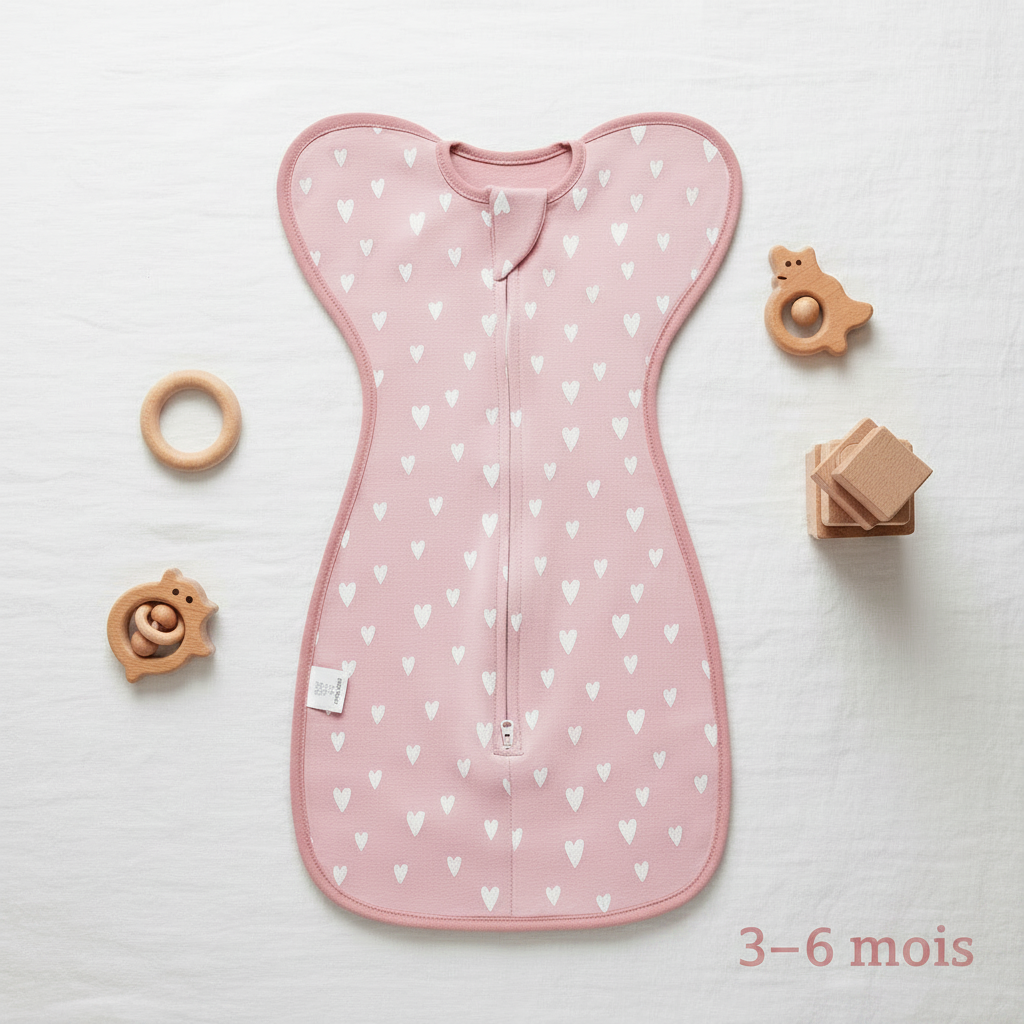 Gigoteuse d'emmaillotage rose, taille 3-6 mois, présentée à plat.