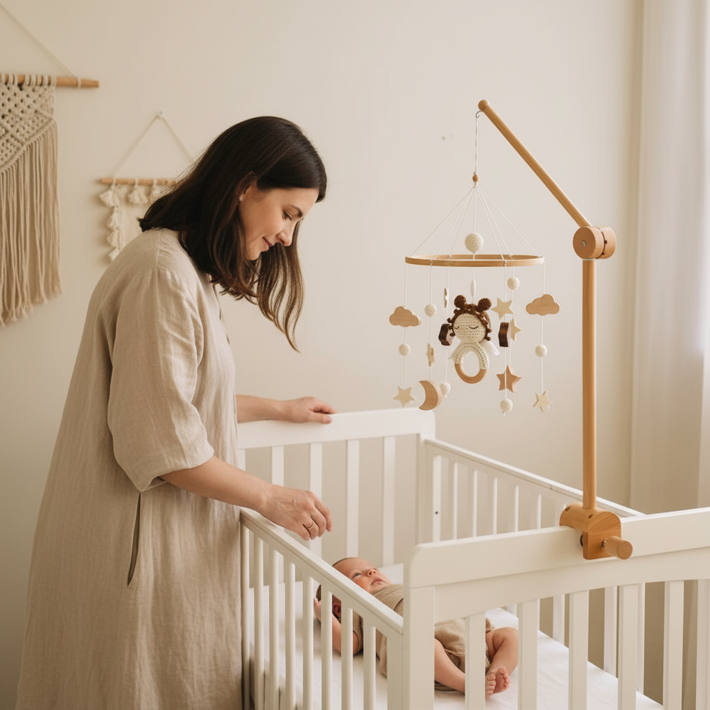 Mobile pour lit bébé AURÉOLE™ avec maman et bébé, hochet ange au crochet, bois naturel et bambou fait main