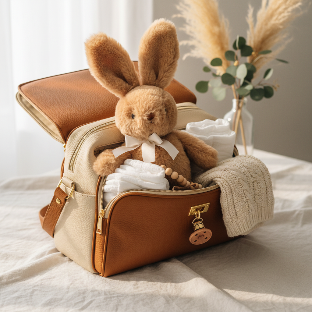 Peluche lapin FLUFFYN™ – doudou caramel dans sac à langer