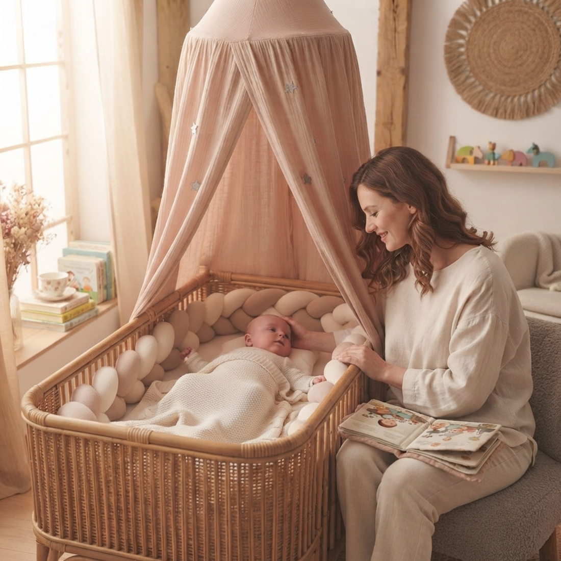 Ciel de lit baldaquin en mousseline rose avec tour de lit tressé, bébé endormi dans un berceau en osier, décoration chambre bébé cocooning
