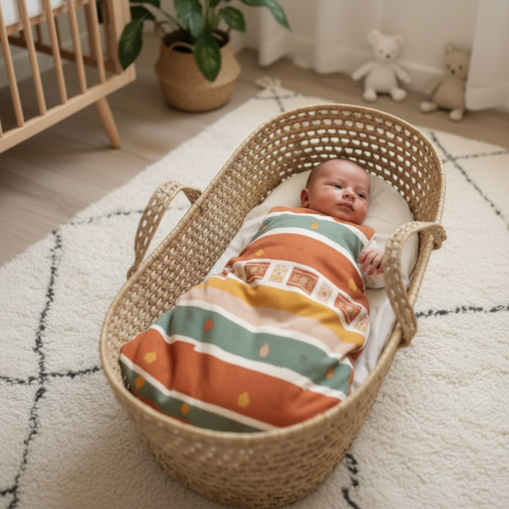 Gigoteuse bébé colorée terracotta — nouveau-né dans couffin en osier, vêtement de nuit confortable pour nourrisson