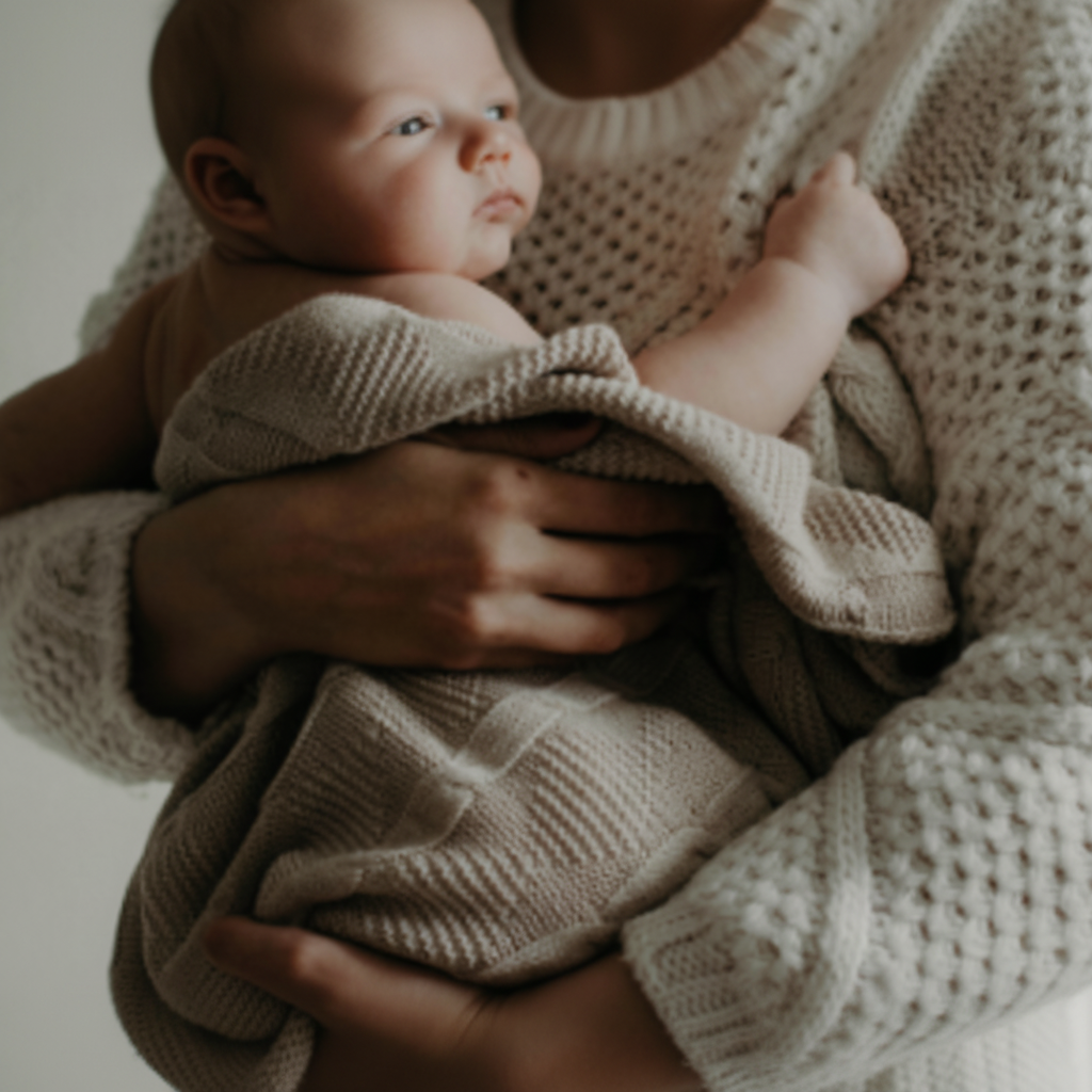 Parent tenant un nouveau-né enveloppé dans une couverture bébé en tricot beige