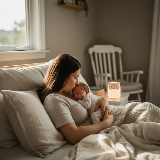 Veilleuse bébé allumée sur une table de nuit pendant qu'une maman lit une histoire à son enfant dans le noir
