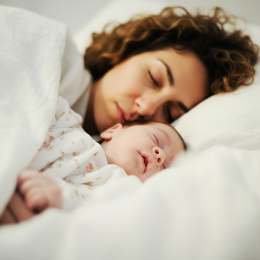 Cododo sécurisé : maman aux cheveux bouclés endormie près de son nouveau-né sur une literie blanche douce