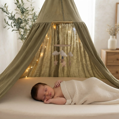 Ciel de lit bébé vert sauge avec mobile nuages et étoiles, bébé endormi emmailloté en blanc, ambiance cosy et naturelle