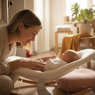 Balancelle bébé ergonomique et moderne, une maman sourit à son nouveau-né en body blanc installé confortablement dans le transat en bois et tissu clair au salon avec lumière naturelle douce.