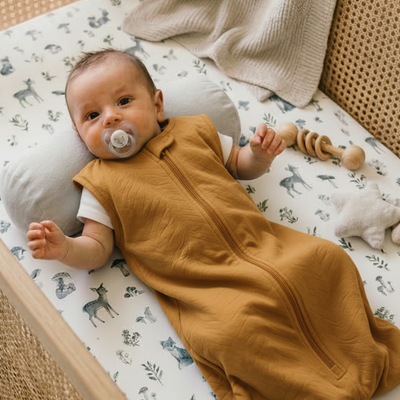 Gigoteuse bébé verte sauge - bébé dans son lit en bois | Pour Poupon