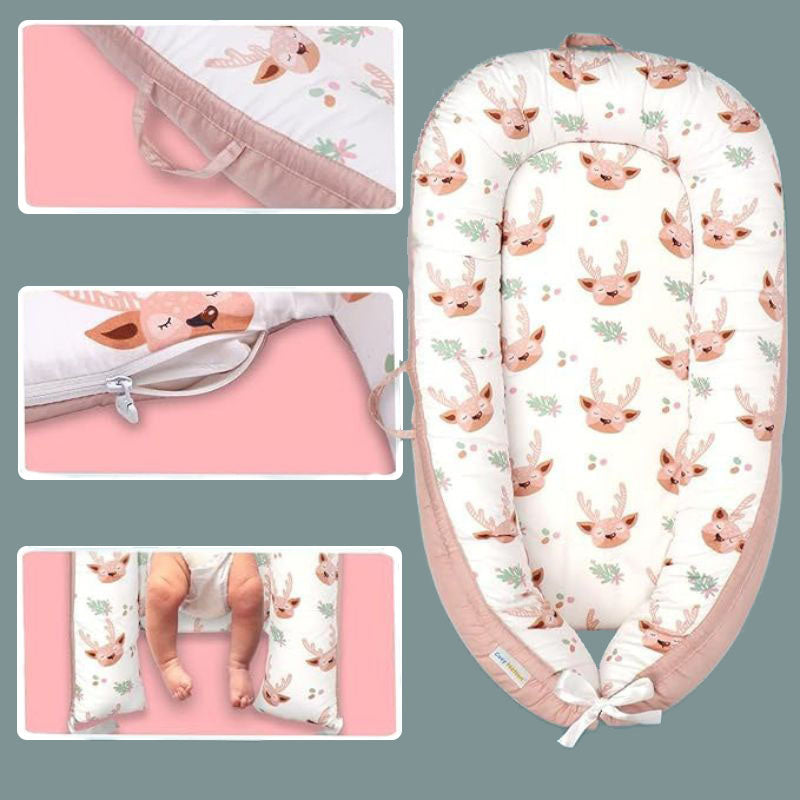 Cocon bébé évolutif, motif cerf, housse zippée, poignée portable.