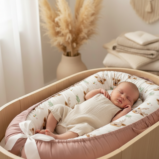 Dans un cocon bebe doux motif de cerfs, bébé confortablement installé sur un lit.