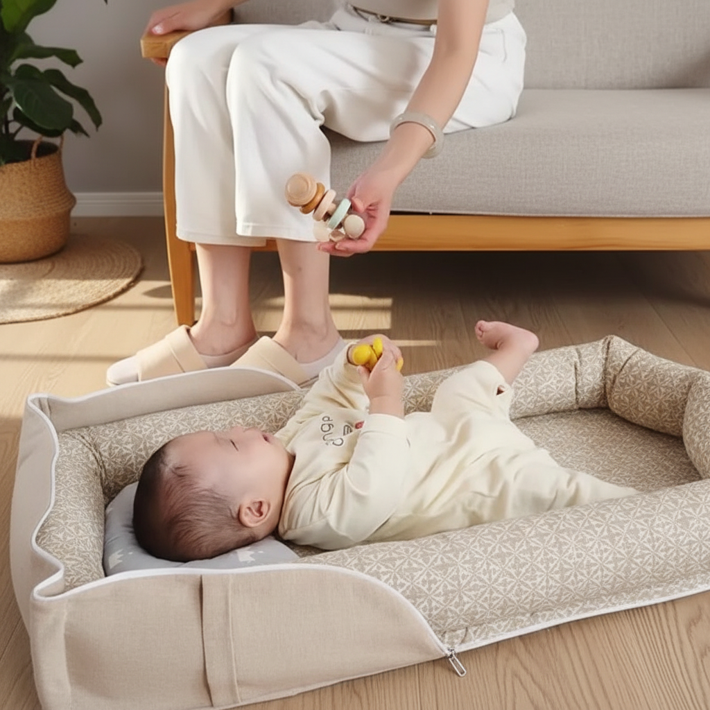 Cocon bebe pliable : confort au sol avec bébé a l'intérieur.