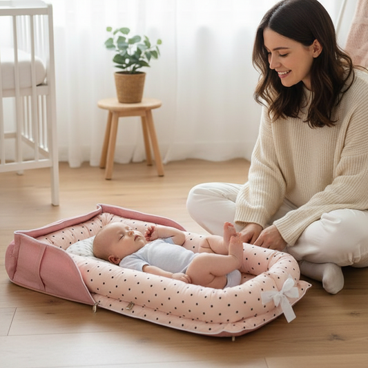 Cocon bebe rose , petits pois noirs, avec bébé confortable a l'intérieur.