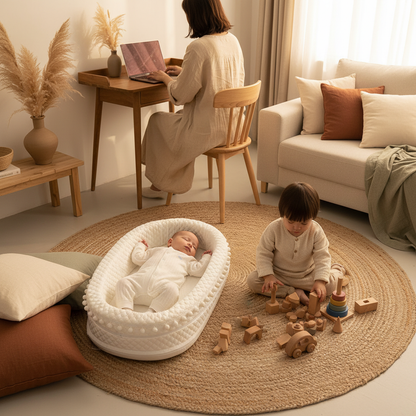 Couffin ÉLÉVIA™ – Bébé endormi en sécurité, respirant et confortable, maman sereine qui vaque à ses activités