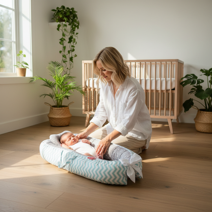 Couffin bébé CIELUNA™ – maman installe son nouveau-né pour des nuits paisibles dans un espace apaisant