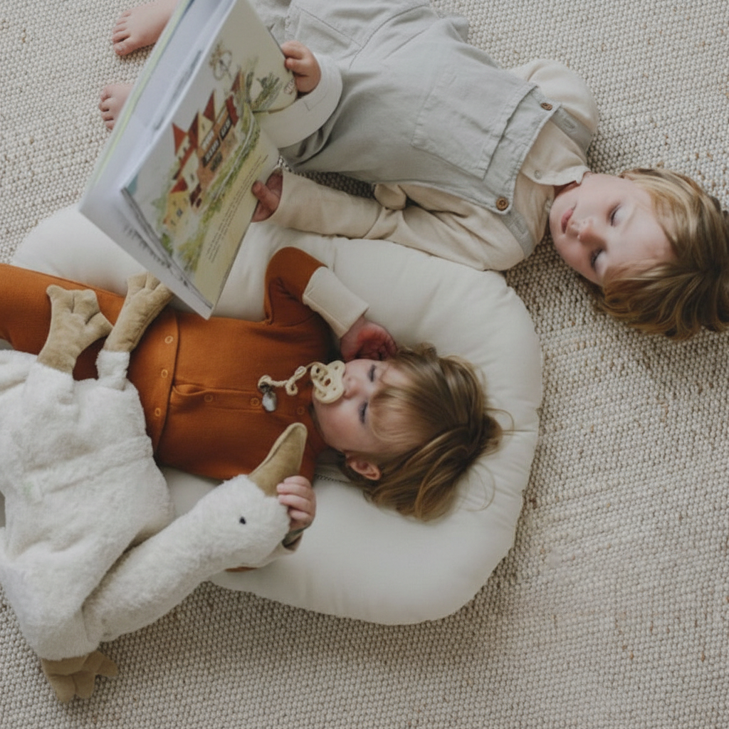 Couffin-MAËLIE™ bébé grand frère lecture côte à côte boho chic