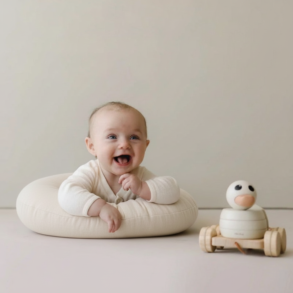 Couffin MAËLIE™ couleur beige naturel bébé souriant naissance