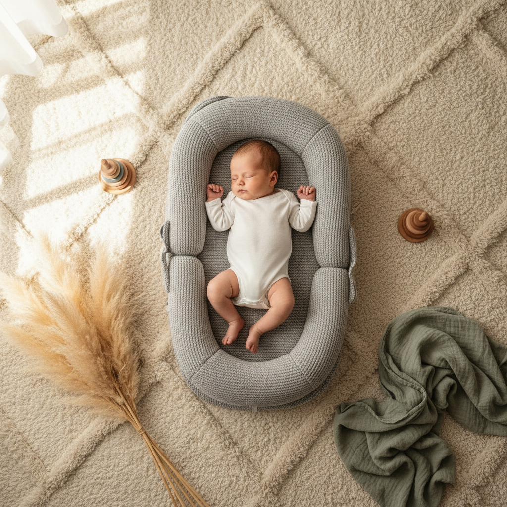 Couffin ADAPTÉO™ – nid bébé modulaire anti-régurgitation, vue flat lay, décor boho-nordique