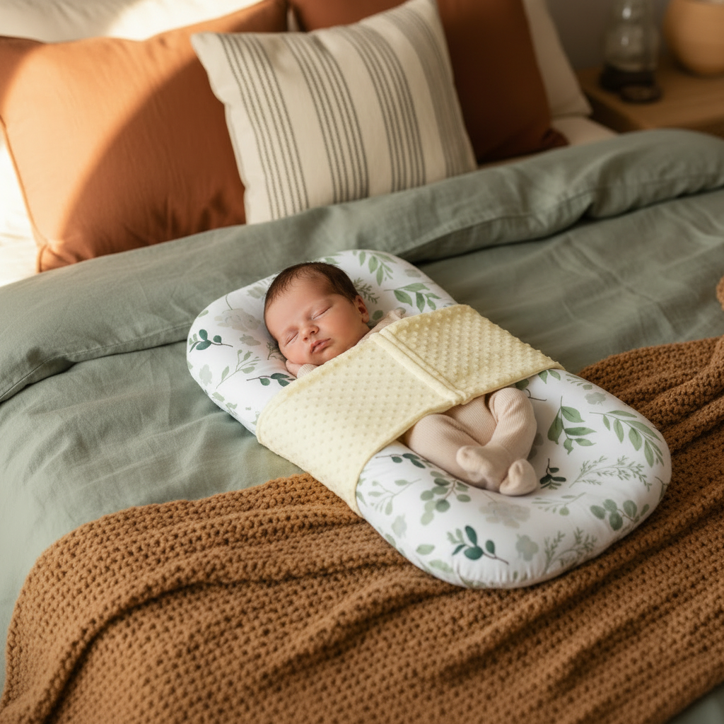 Couffin bébé Floridor™ – bébé apaisé dans réducteur botanique sur lit blanc