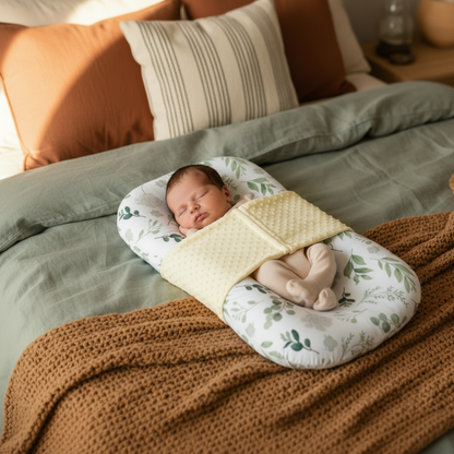 Couffin bébé Floridor™ – bébé apaisé dans réducteur botanique sur lit blanc
