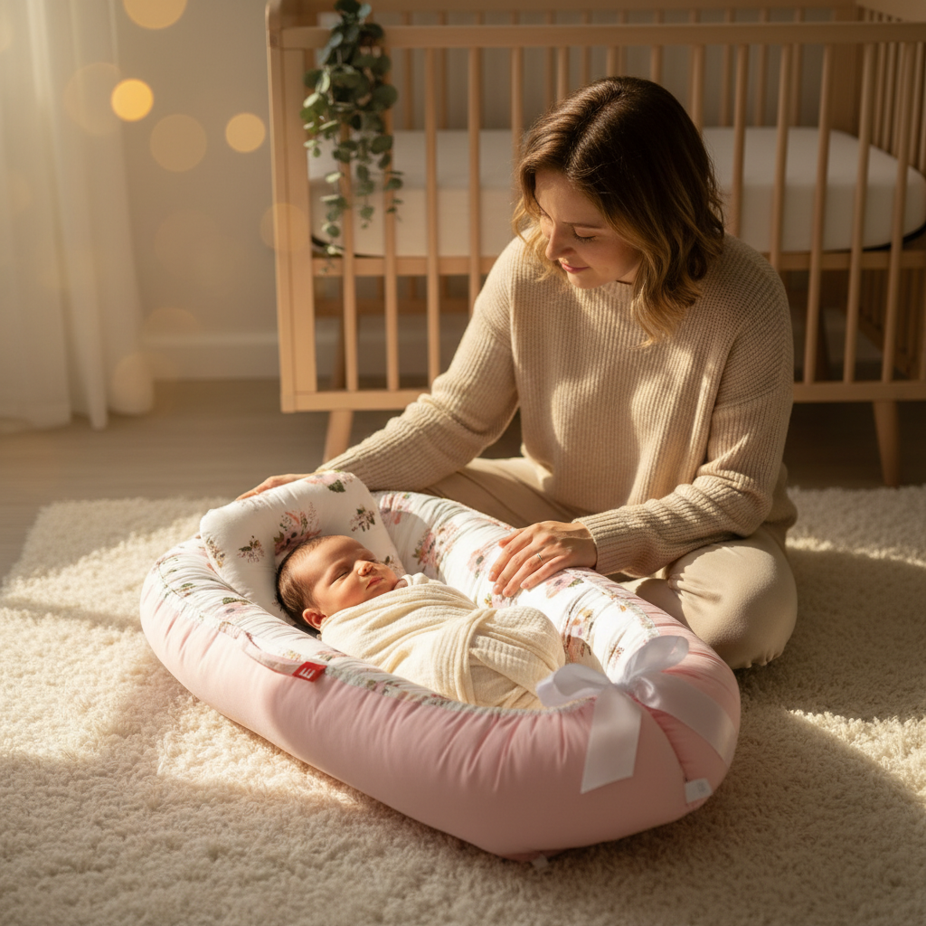 Couffin bébé COCOBLOOM™ rose fleuri – maman veillant sur son nouveau-né, ambiance nurserie lumineuse et apaisante