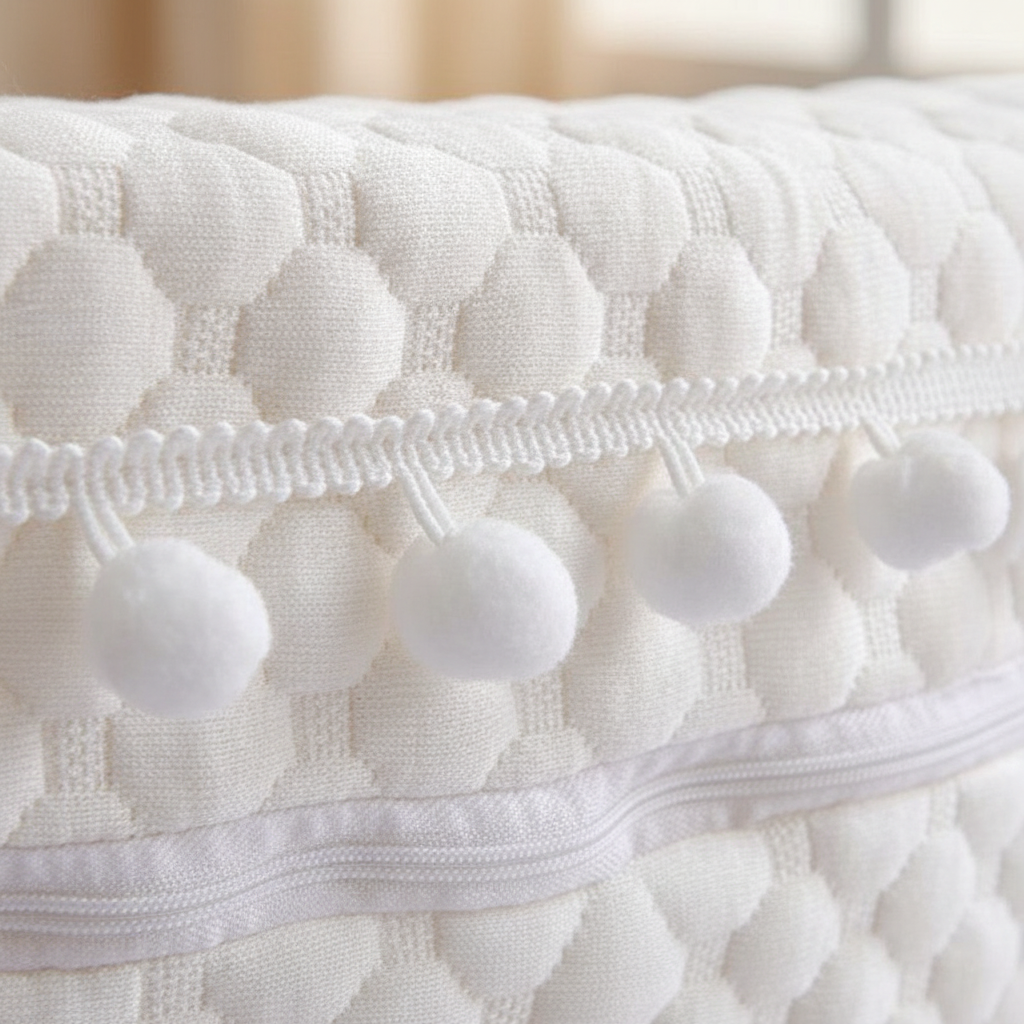 Couffin ÉLÉVIA™ – Détail zoom pompon décoratif blanc, tissu nid d'abeille Classe A, finition artisanale