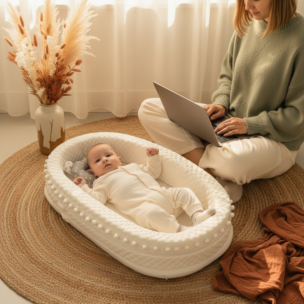 Couffin ÉLÉVIA™ – Lifestyle boho chic 2026, bébé et maman, nid bionique blanc pompons