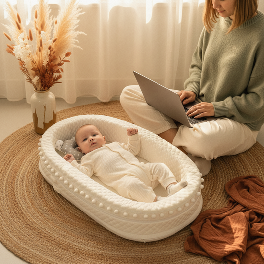 Couffin ÉLÉVIA™ – Lifestyle boho chic 2026, bébé et maman, nid bionique blanc pompons