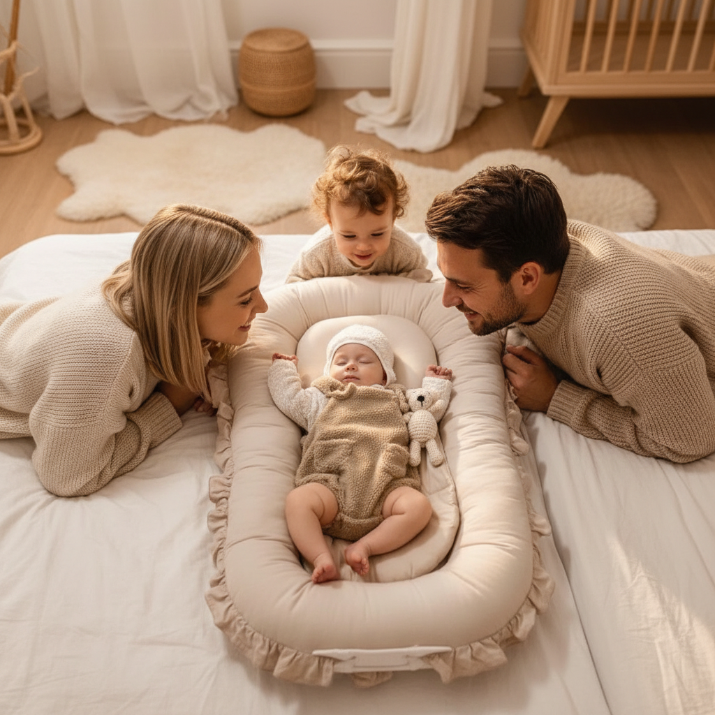 Couffin BOHÈME™ — Cadeau de naissance idéal, Famille complète autour du couffin