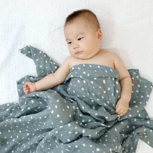 Couverture emmaillotage bébé en mousseline douce de couleur verte avec des motifs blancs en forme de gouttes, enveloppant délicatement un nourrisson allongé sur un drap blanc, offrant confort et douceur tout en apaisant bébé.