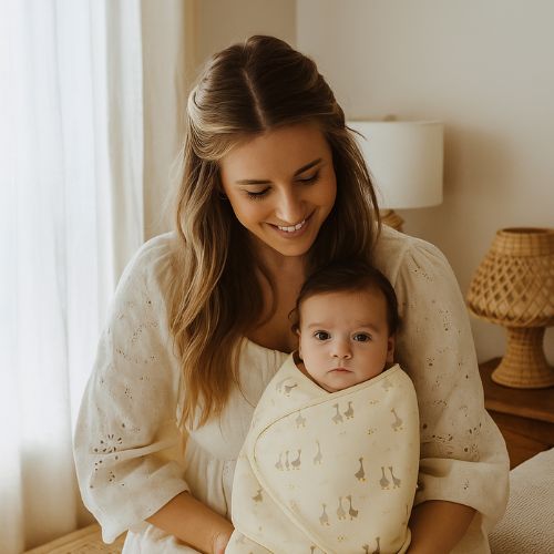 Couverture emmaillotage bébé utilisée dans les bras de maman, offrant confort et sécurité dans une ambiance chaleureuse et apaisante.