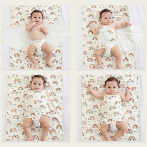 Couverture emmaillotage bébé anti-saut avec velcro illustrée en 4 étapes pratiques : installation facile, fixation sécurisée, maintien du bébé, et effet apaisant pendant le sommeil.