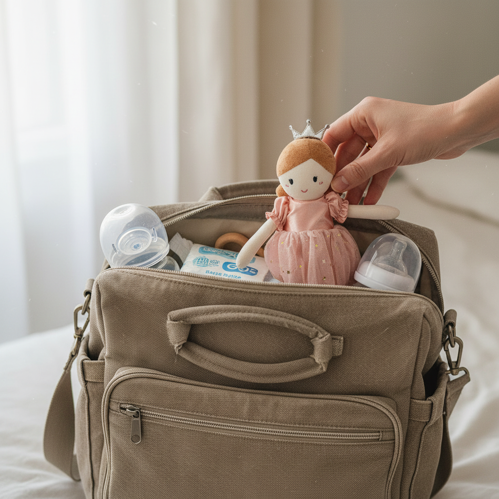 Doudou bébé fille Aurore compact nomade sac à langer voyage pratique
