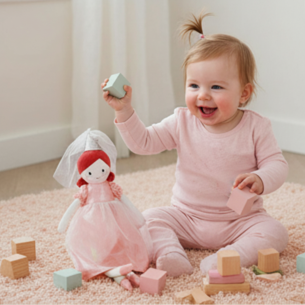 Doudou bébé fille Aurore rose poudrée velours doux jouet princesse couronnE