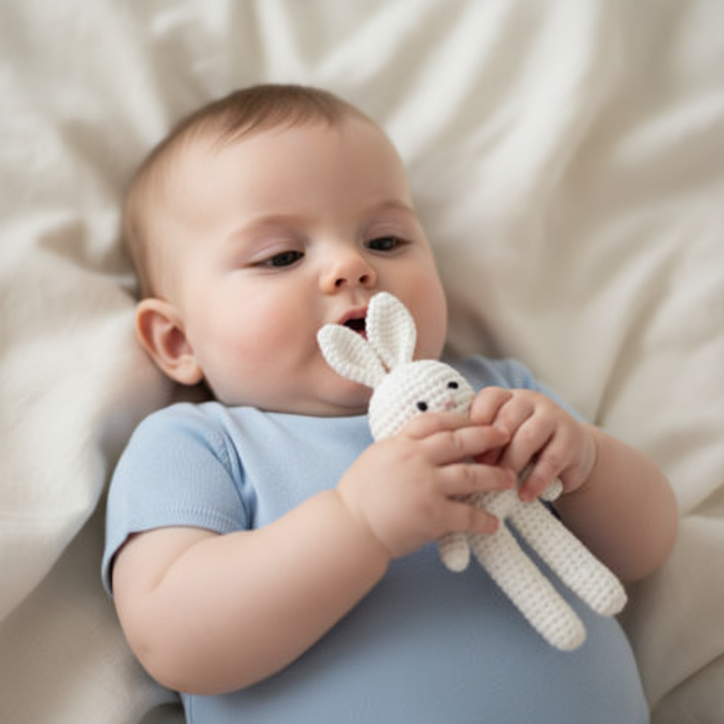 Doudou bébé Lapinou en crochet coton 100% naturel - texture douce pour peau sensible