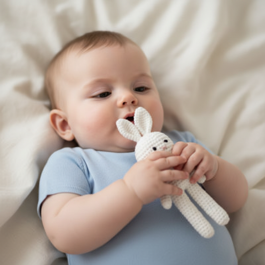 Doudou bébé Lapinou en crochet coton 100% naturel - texture douce pour peau sensible