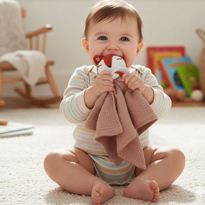 Doudou bébé Rusty™ multi-textures bicolore design apaisant