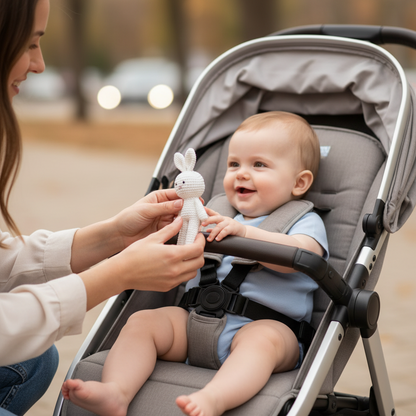 Doudou bébé avec Maman donnant le doudou lapin fait main à bébé dans la poussette