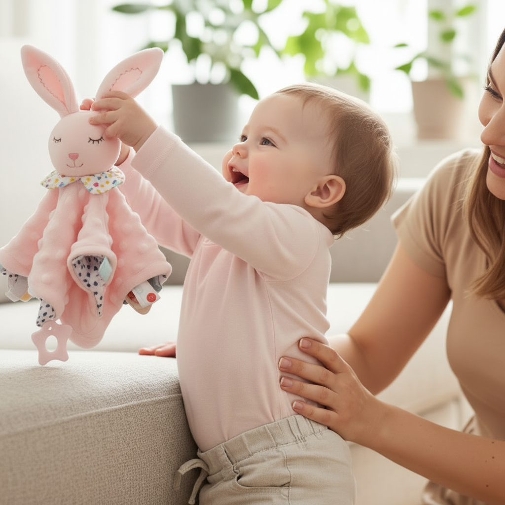 Doudou lapin rose Rosy™ gros plan - texture ultra-douce et oreilles soyeuses