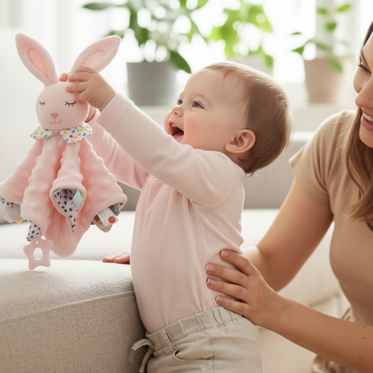 Doudou lapin rose Rosy™ gros plan - texture ultra-douce et oreilles soyeuses