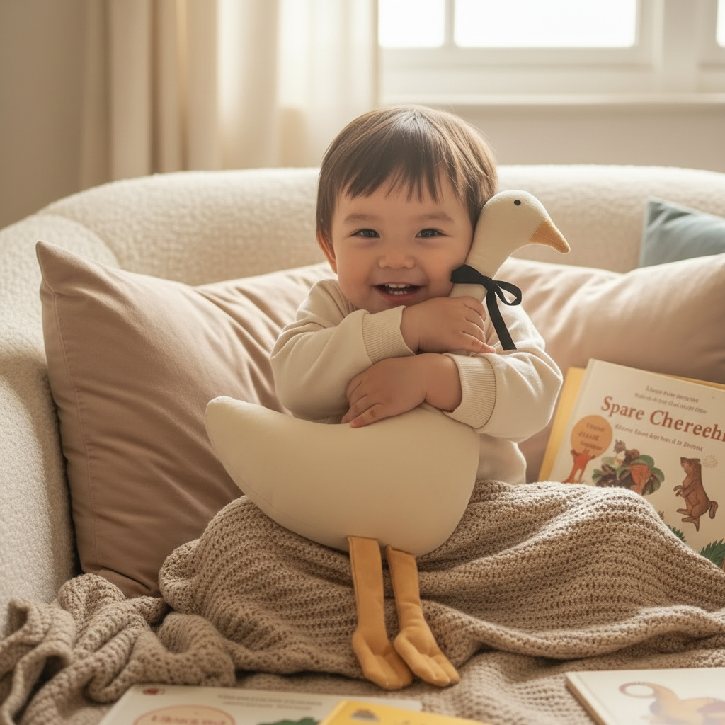 DOUDOU OIE ZOIE™ Peluche Douce Bébé - Doudou Naissance Blanc Beige Apaisant - Compagnon Câlin Réconfortant