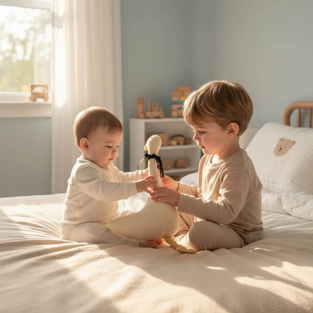 Doudou oie Zoie résistant durable - Bébé et grand frère partagent peluche chambre - Compagnon traverse enfance souvenirs
