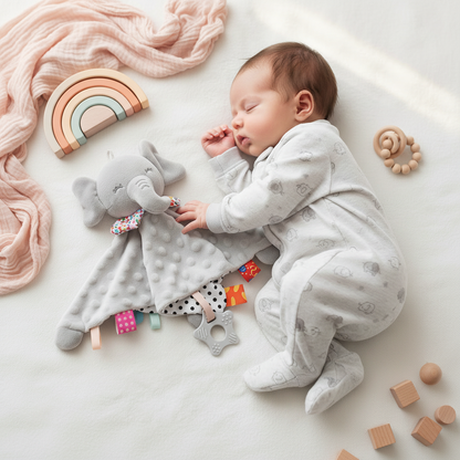Doudou éléphant gris 28cm avec grandes oreilles sensorielles - Nouveau-né sur couverture blanche,Texture minky douce