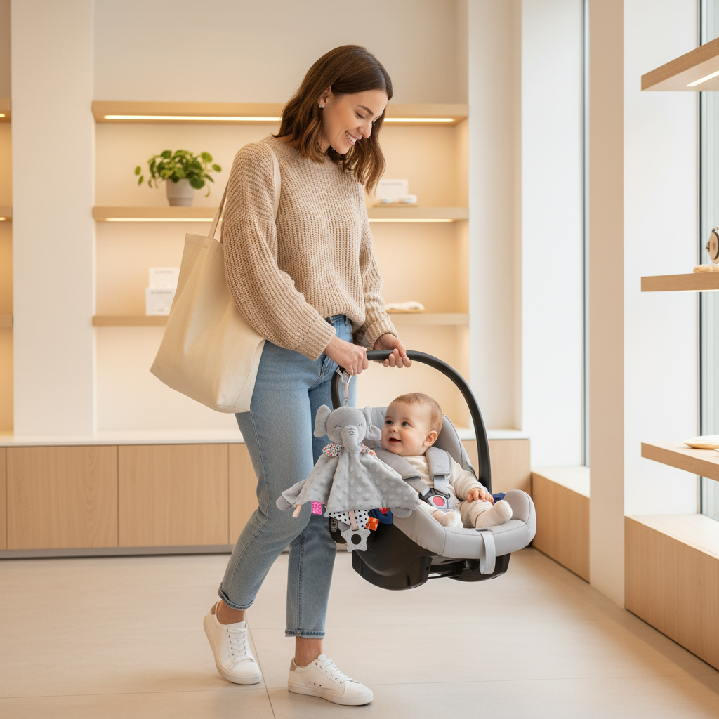 Doudou éléphant nomade 28cm accroché à poussette - Maman avec bébé en cosy - Compagnon de voyage