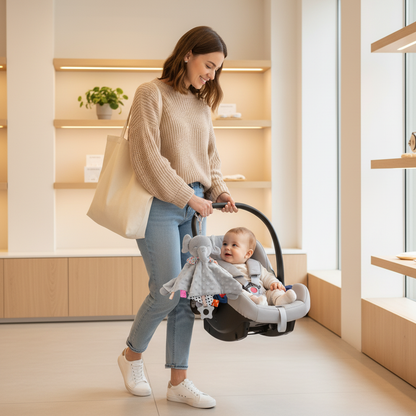 Doudou éléphant nomade 28cm accroché à poussette - Maman avec bébé en cosy - Compagnon de voyage