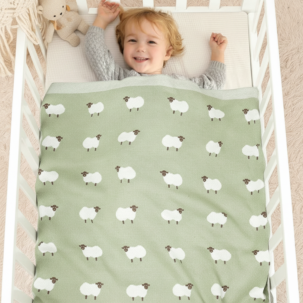 Lange bébé avec un enfant souriant dans un lit bébé blanc recouvert du lange bébé TOISON™ motif mouton vert sauge