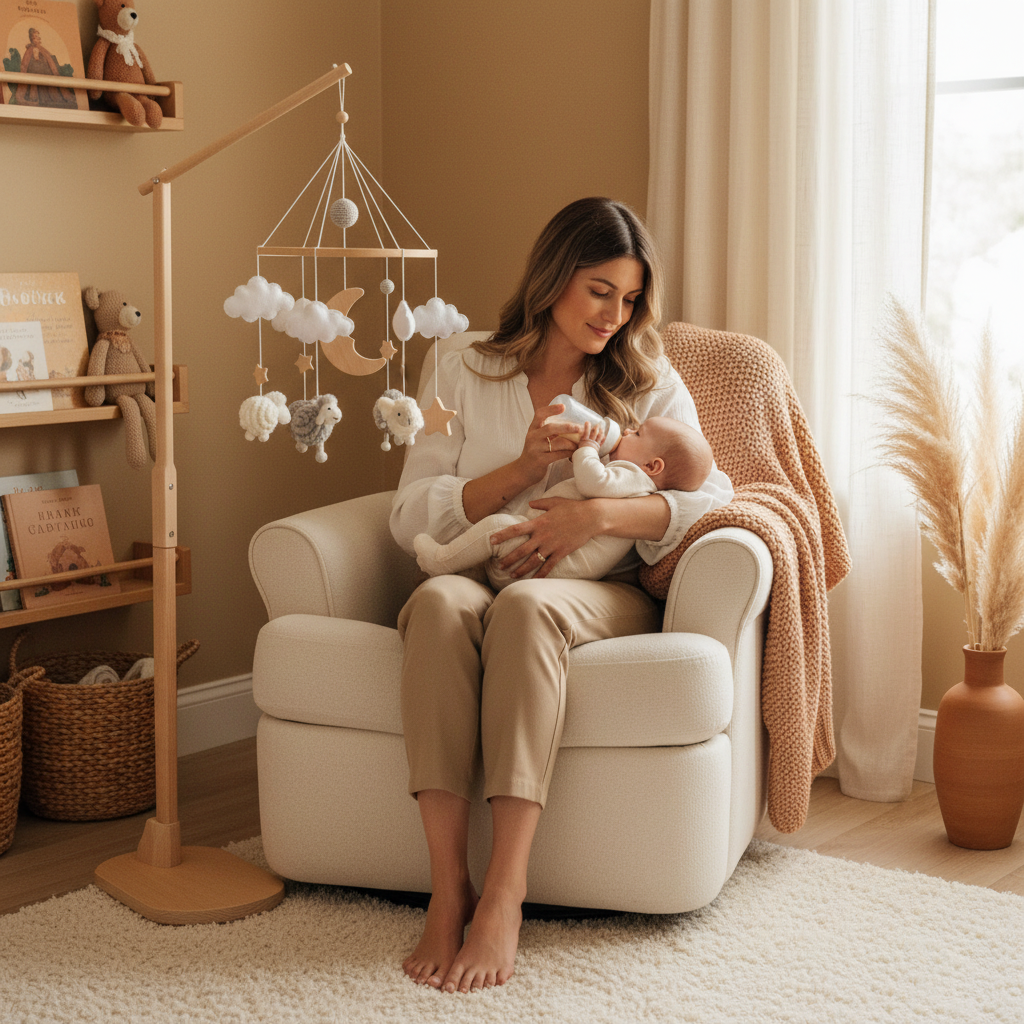 Mobile bébé Sheepy - Maman chaise biberon mobile support autonome versatilité moment tendresse